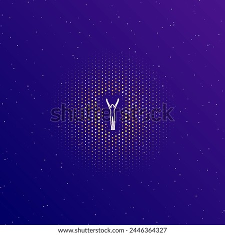 A large white contour woman stretches symbol in the center, surrounded by small dots. Dots of different colors in the shape of a ball. Vector illustration on dark blue gradient background with stars