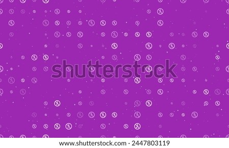 Seamless background pattern of evenly spaced white pedestrian traffic prohibited signs of different sizes and opacity. Vector illustration on purple background with stars