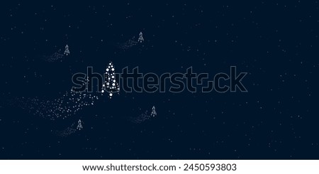A rocket filled with dots flies through the stars leaving a trail behind. Four small symbols around. Empty space for text on the right. Vector illustration on dark blue background with stars