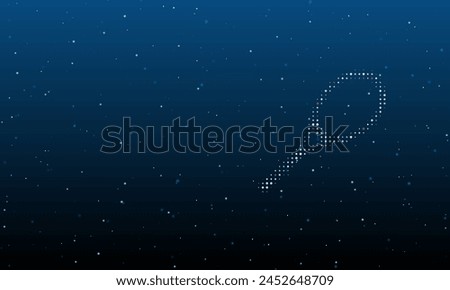 On the right is the tennis racket symbol filled with white dots. Background pattern from dots and circles of different shades. Vector illustration on blue background with stars