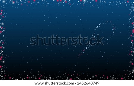 On the right is the tennis racket symbol filled with white dots. Pointillism style. Abstract futuristic frame of dots and circles. Some dots is pink. Vector illustration on blue background with stars