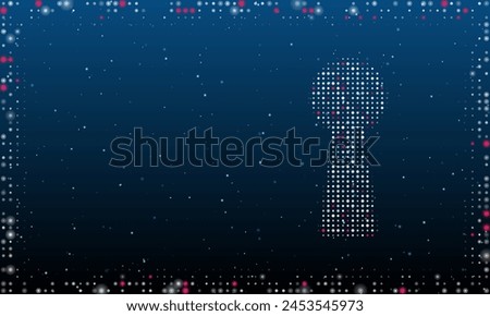 On the right is the keyhole symbol filled with white dots. Pointillism style. Abstract futuristic frame of dots and circles. Some dots is pink. Vector illustration on blue background with stars