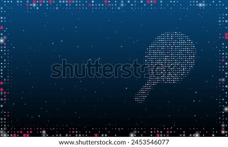 On the right is the table tennis symbol filled with white dots. Pointillism style. Abstract futuristic frame of dots and circles. Some dots is pink. Vector illustration on blue background with stars