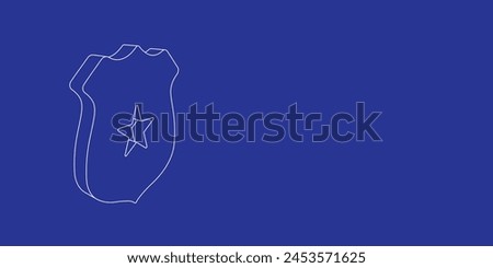 The outline of a large police badge symbol made of white lines on the left. 3D view of the object in perspective. Vector illustration on indigo background