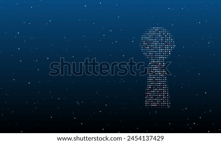 On the right is the keyhole symbol filled with white dots. Background pattern from dots and circles of different shades. Vector illustration on blue background with stars