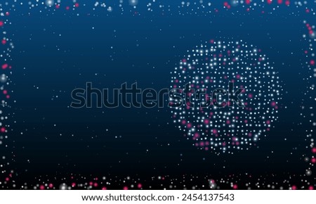 On the right is the checker game symbol filled with white dots. Pointillism style. Abstract futuristic frame of dots and circles. Some dots is pink. Vector illustration on blue background with stars