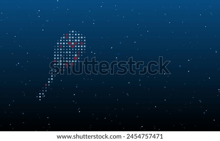 On the left is the tennis racket symbol filled with white dots. Background pattern from dots and circles of different shades. Vector illustration on blue background with stars