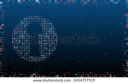 On the left is the keyhole symbol filled with white dots. Pointillism style. Abstract futuristic frame of dots and circles. Some dots is red. Vector illustration on blue background with stars