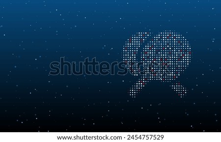 On the right is the crossed ping pong rackets symbol filled with white dots. Background pattern from dots and circles of different shades. Vector illustration on blue background with stars
