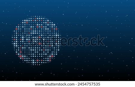 On the left is the checker game symbol filled with white dots. Background pattern from dots and circles of different shades. Vector illustration on blue background with stars