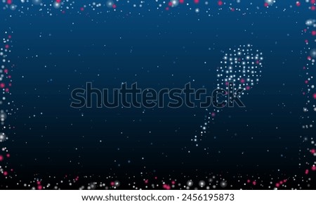 On the right is the tennis racket symbol filled with white dots. Pointillism style. Abstract futuristic frame of dots and circles. Some dots is pink. Vector illustration on blue background with stars