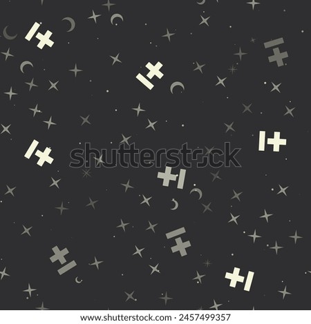 Seamless pattern with stars, plus–minus signs on black background. Night sky. Vector illustration on black background