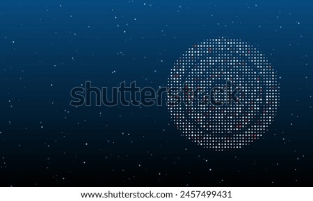On the right is the checker game symbol filled with white dots. Background pattern from dots and circles of different shades. Vector illustration on blue background with stars