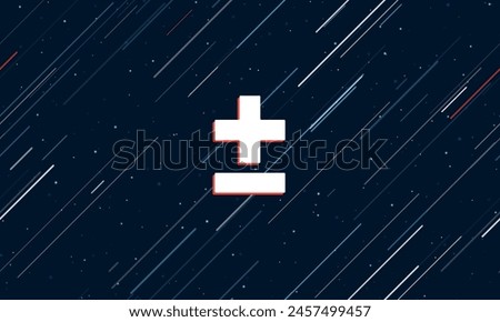 Large white plus–minus sign framed in red in the center. The effect of flying through the stars. Vector illustration on a dark blue background with stars and slanted lines