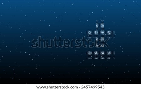 On the right is the plus–minus symbol filled with white dots. Background pattern from dots and circles of different shades. Vector illustration on blue background with stars