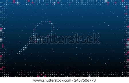 On the left is the tennis racket symbol filled with white dots. Pointillism style. Abstract futuristic frame of dots and circles. Some dots is pink. Vector illustration on blue background with stars