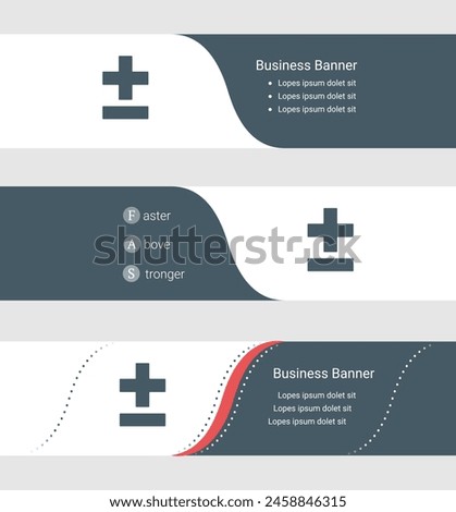 Set of blue grey banner, horizontal business banner templates. Banners with template for text and plus–minus sign. Classic and modern style. Vector illustration on grey background