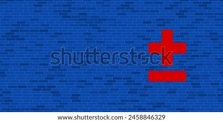 Blue Brick Wall with large red plus–minus sign. The symbol is located on the right, on the left there is empty space for your content. Vector illustration on blue background