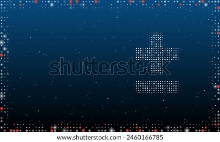 On the right is the plus–minus symbol filled with white dots. Pointillism style. Abstract futuristic frame of dots and circles. Some dots is red. Vector illustration on blue background with stars