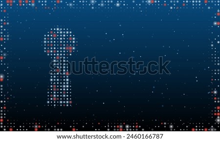 On the left is the keyhole symbol filled with white dots. Pointillism style. Abstract futuristic frame of dots and circles. Some dots is red. Vector illustration on blue background with stars