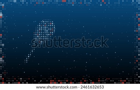 On the left is the tennis racket symbol filled with white dots. Pointillism style. Abstract futuristic frame of dots and circles. Some dots is red. Vector illustration on blue background with stars