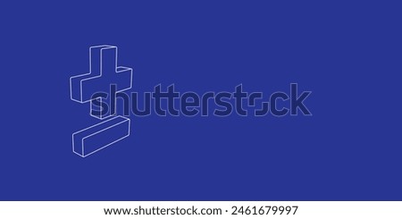 The outline of a large plus–minus sign made of white lines on the left. 3D view of the object in perspective. Vector illustration on indigo background