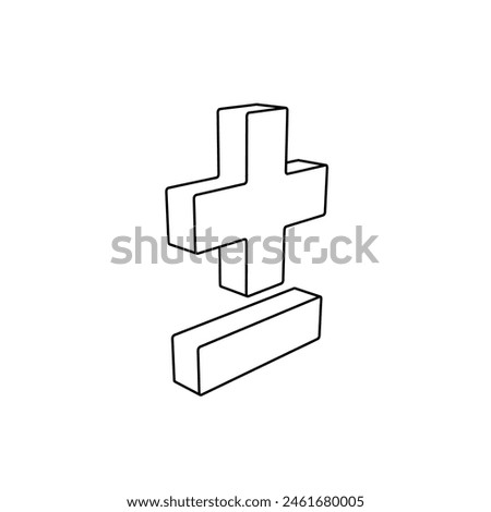 The outline of a large plus–minus sign is made with black lines. 3D view of the object in perspective. Vector illustration on white background
