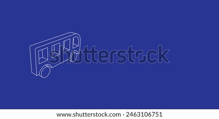 The outline of a large bus symbol made of white lines on the left. 3D view of the object in perspective. Vector illustration on indigo background