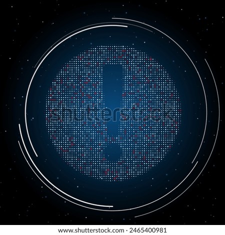 The attention symbol filled with white dots. Pointillism style. Some dots is red. Vector illustration on blue background with stars