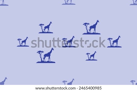 Seamless pattern of large isolated blue giraffe symbols. The pattern is divided by a line of elements of lighter tones. Vector illustration on light blue background