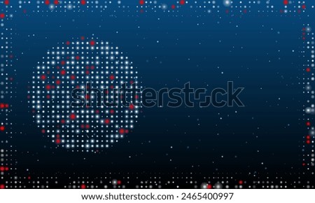 On the left is the checker game symbol filled with white dots. Pointillism style. Abstract futuristic frame of dots and circles. Some dots is red. Vector illustration on blue background with stars