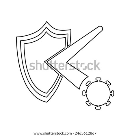 A large black outline virus bounces off the shield symbol on the center. Vector illustration on white background