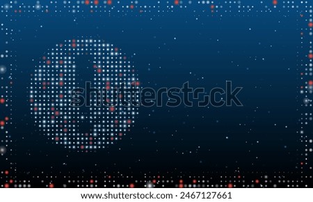 On the left is the attention symbol filled with white dots. Pointillism style. Abstract futuristic frame of dots and circles. Some dots is red. Vector illustration on blue background with stars