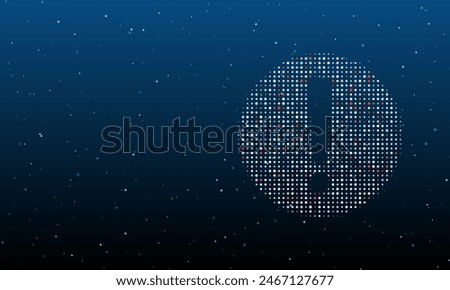 On the right is the attention symbol filled with white dots. Background pattern from dots and circles of different shades. Vector illustration on blue background with stars