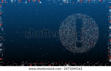 On the right is the attention symbol filled with white dots. Pointillism style. Abstract futuristic frame of dots and circles. Some dots is red. Vector illustration on blue background with stars