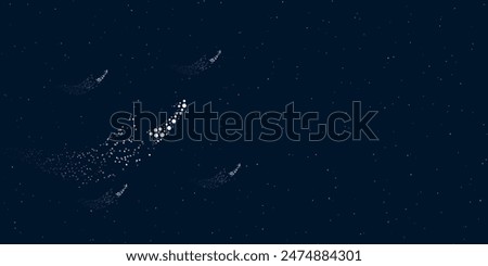 A up arrow filled with dots flies through the stars leaving a trail behind. Four small symbols around. Empty space for text on the right. Vector illustration on dark blue background with stars
