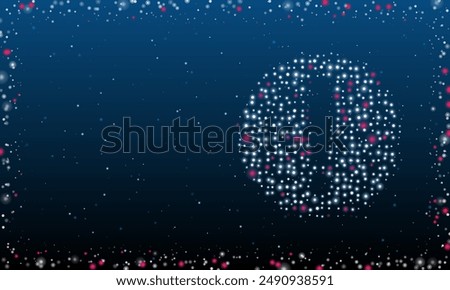 On the right is the attention symbol filled with white dots. Pointillism style. Abstract futuristic frame of dots and circles. Some dots is pink. Vector illustration on blue background with stars