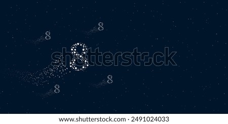 A number eight symbol filled with dots flies through the stars leaving a trail behind. There are four small symbols around. Vector illustration on dark blue background with stars