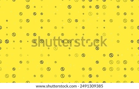 Seamless background pattern of evenly spaced black pedestrian traffic prohibited signs of different sizes and opacity. Vector illustration on yellow background with stars