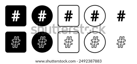 Icon set of hash symbol. Filled, outline, black and white icons set, flat style.  Vector illustration on white background