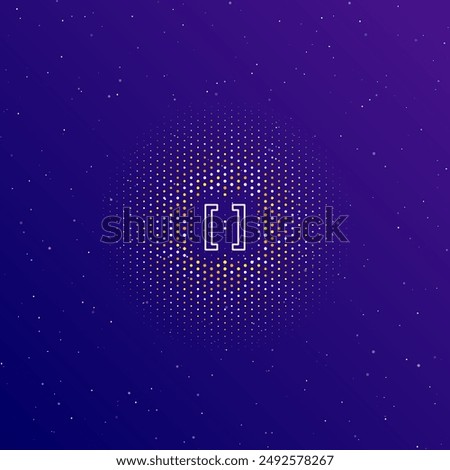 A large white contour square brackets symbol in the center, surrounded by small dots. Dots of different colors in the shape of a ball. Vector illustration on dark blue gradient background with stars