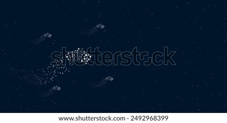 A playing cards symbol filled with dots flies through the stars leaving a trail behind. There are four small symbols around. Vector illustration on dark blue background with stars