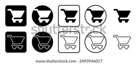 Icon set of shopping cart symbol. Filled, outline, black and white icons set, flat style.  Vector illustration on white background