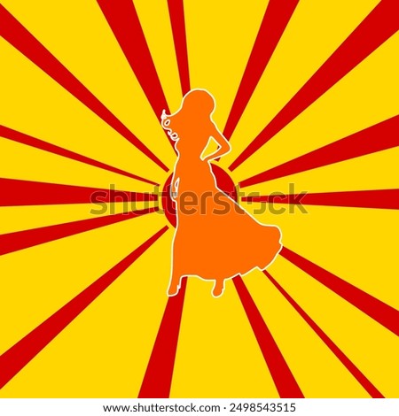 Lady symbol on a background of red flash explosion radial lines. The large orange symbol is located in the center of the sun, symbolizing the sunrise. Vector illustration on yellow background