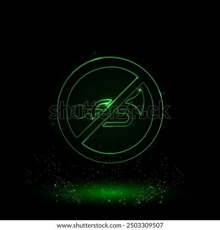 A large green outline horning prohibited sign on the center. Green Neon style. Neon color with shiny stars. Vector illustration on black background