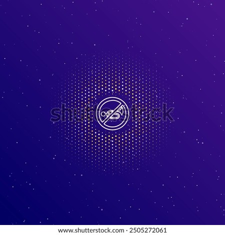 A large white contour horning prohibited sign in the center, surrounded by small dots. Dots of different colors in the shape of a ball. Vector illustration on dark blue gradient background with stars