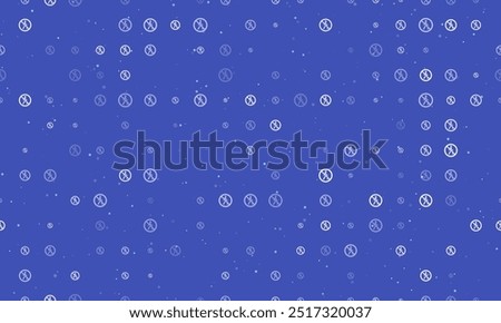 Seamless background pattern of evenly spaced white pedestrian traffic prohibited signs of different sizes and opacity. Vector illustration on indigo background with stars