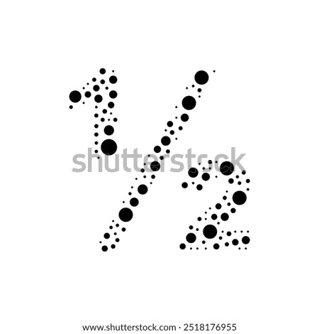 A large half fraction symbol in the center made in pointillism style. The center symbol is filled with black circles of various sizes. Vector illustration on white background