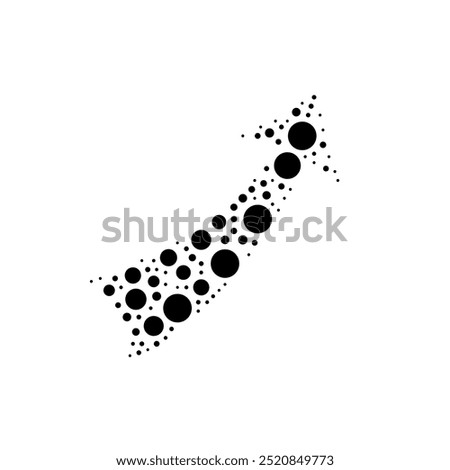 A large up arrow in the center made in pointillism style. The center symbol is filled with black circles of various sizes. Vector illustration on white background