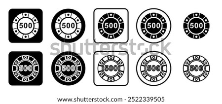 Icon set of poker chip symbol. Filled, outline, black and white icons set, flat style.  Vector illustration on white background